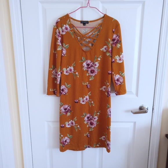Mustard Yellow/Dark Orange Floral Knit Dress, L - Picture 1 of 6